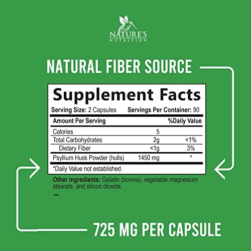 Psyllium Husk Capsules 1450mg, Natural Soluble 180 Capsules