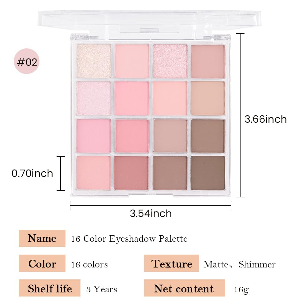 16Color Matte Shimmer Eyeshadow Palette, Nude Brown Rose Gold Coffee White Pink Red Sparkly Eye Shadow Makeup, Warm Pastel Eyeshadows Long Lasting Waterproof Naturing-Looking Women Girls Eye Shadow