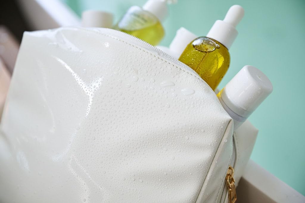 Stay Golden Insulated Waterproof Makeup Bag for Women Heat-Resistant Travel Cosmetic & Toiletry Bag | Luxurious Vegan Leather Portable Makeup Organizer - (Gold Zipper, White)