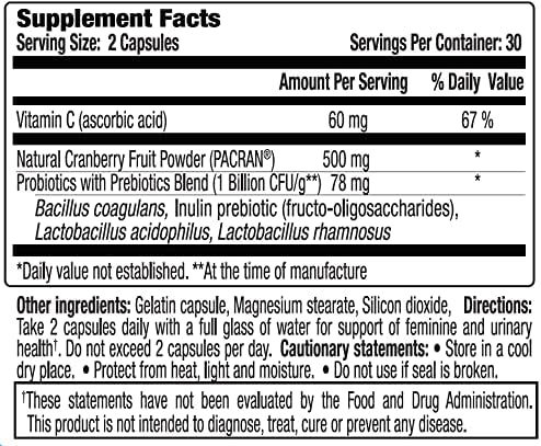 vH essentials Probiotics with Prebiotics and Cranberry Feminine Health Supplement - 60 Capsules