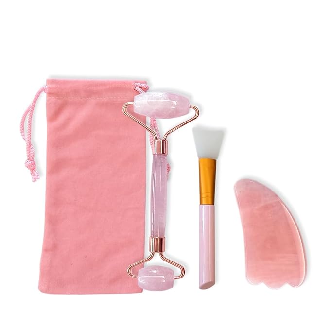 Jade Roller and Gua Sha Massage Tool - Jade Face Roller -100% Natural Rose Quartz - Face Massager, Facial Roller for Skin, Eyes, Neck - Authentic, Durable, Noiseless Design