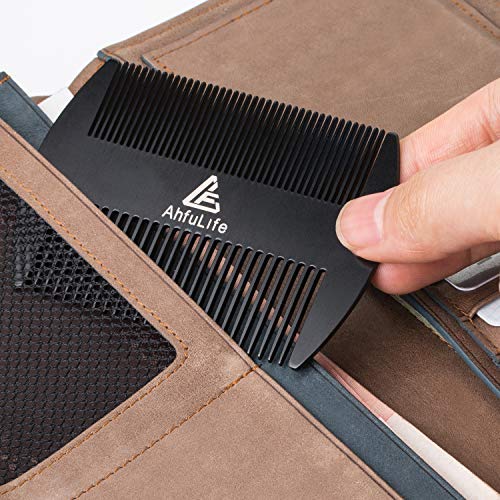 AhfuLife Stainless Steel Metal Hair&Beard Comb - Anti-Static Dual Action Beard Comb - Credit Card Size Combs Perfect for Wallet and Pocket - Presented in Gift Box (Black)