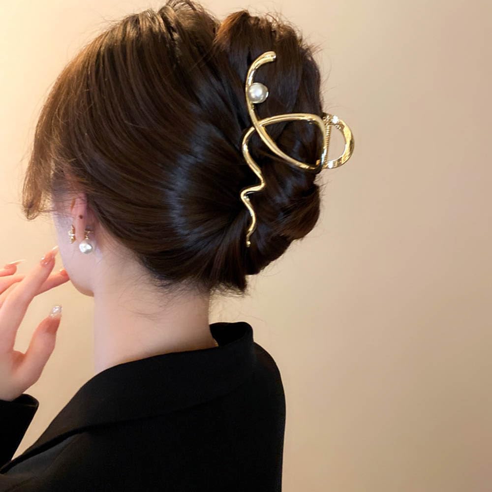 Women's Hair Accessories - Large Metal Claw Hair Clips with Gold Wave Pearl Design, Strong Hold, Non-Slip Barrette for Hair Styling
