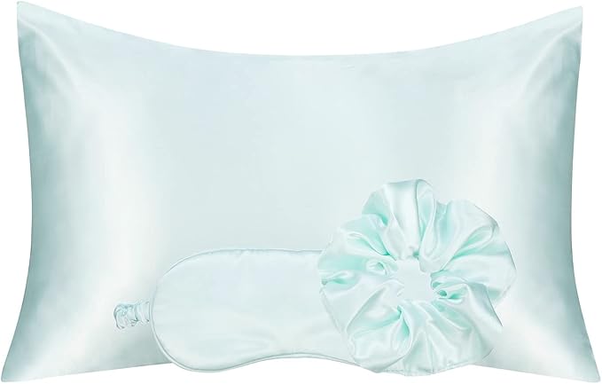 Vegan Silk Sleep Set, Silky Pillowcase with Large Scrunchie and Eye Mask for Hair and Skin, Self Care Essential Satin Night Routine Kit (Mint Blue Color)