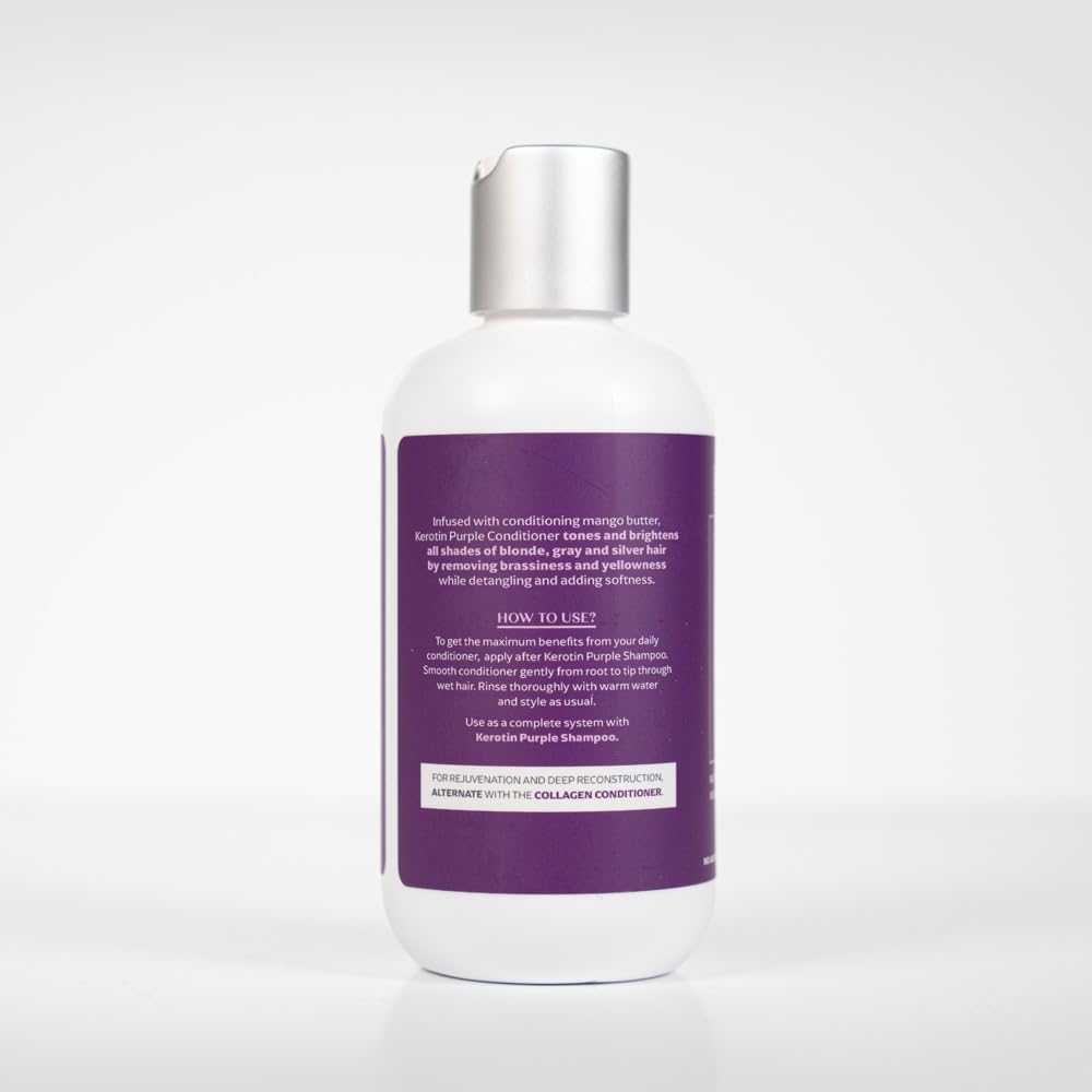 Kerotin Purple Shampoo and Conditioner Set for blond, silver, white, gray hair, and highlights. Removes brassy and yellow tones. Adds shine and moisture. Free of sulfates, parabens, sodium chloride, and silicones. Made in the USA.