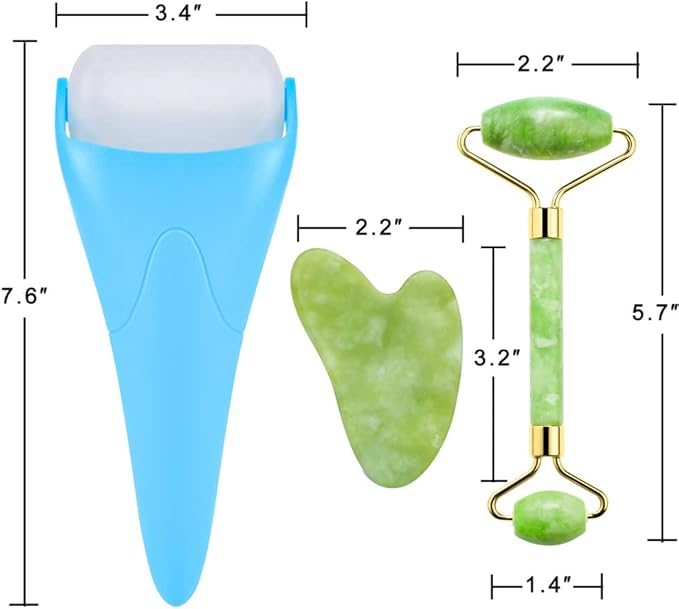 3-in-1 Natural Jade Roller and Gua Sha Set for Face and Eye Ice Roller Facial Cooling Massage Roller (Light Blue Ice Roller + Jade Roller + Gua Sha)