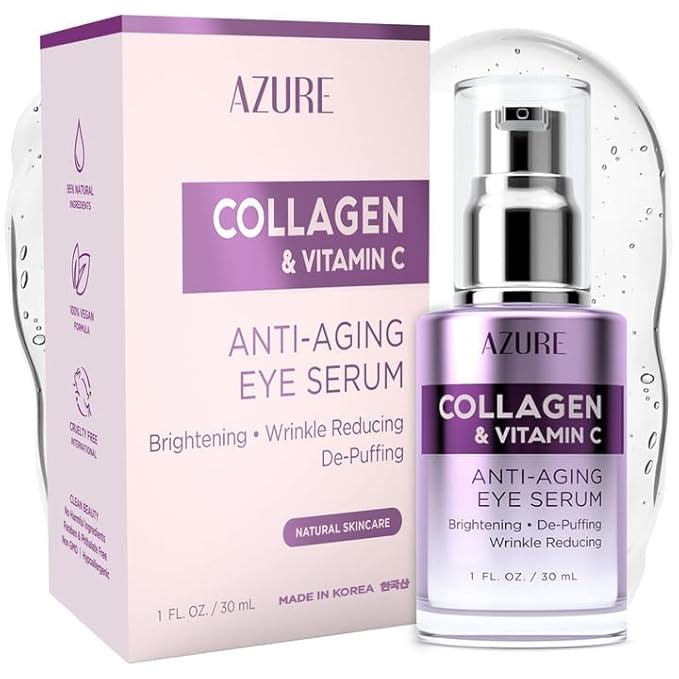 AZURE Collagen & Vitamin C Anti Aging Eye Serum - Toning, De-Puffing Serum - Reduces Wrinkles, Fine Lines & Dark Circles - Minimizes Fatigue - Skin Care Made in Korea - Pack of 2