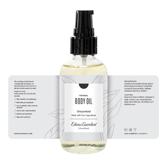 Edens Garden Unscented Bath & Body Oil – Gentle Moisturizer with Pure Vitamin E, Coconut Oil & Camellia Seed Oil for Sensitive Skin – After Shower Hydrating Formula for Men & Women, 2 fl oz (59 ml)