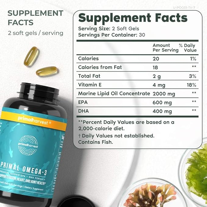 Primal Harvest Omega 3 Fish Oil 30 Servings 1000mg EPA 3 Fatty