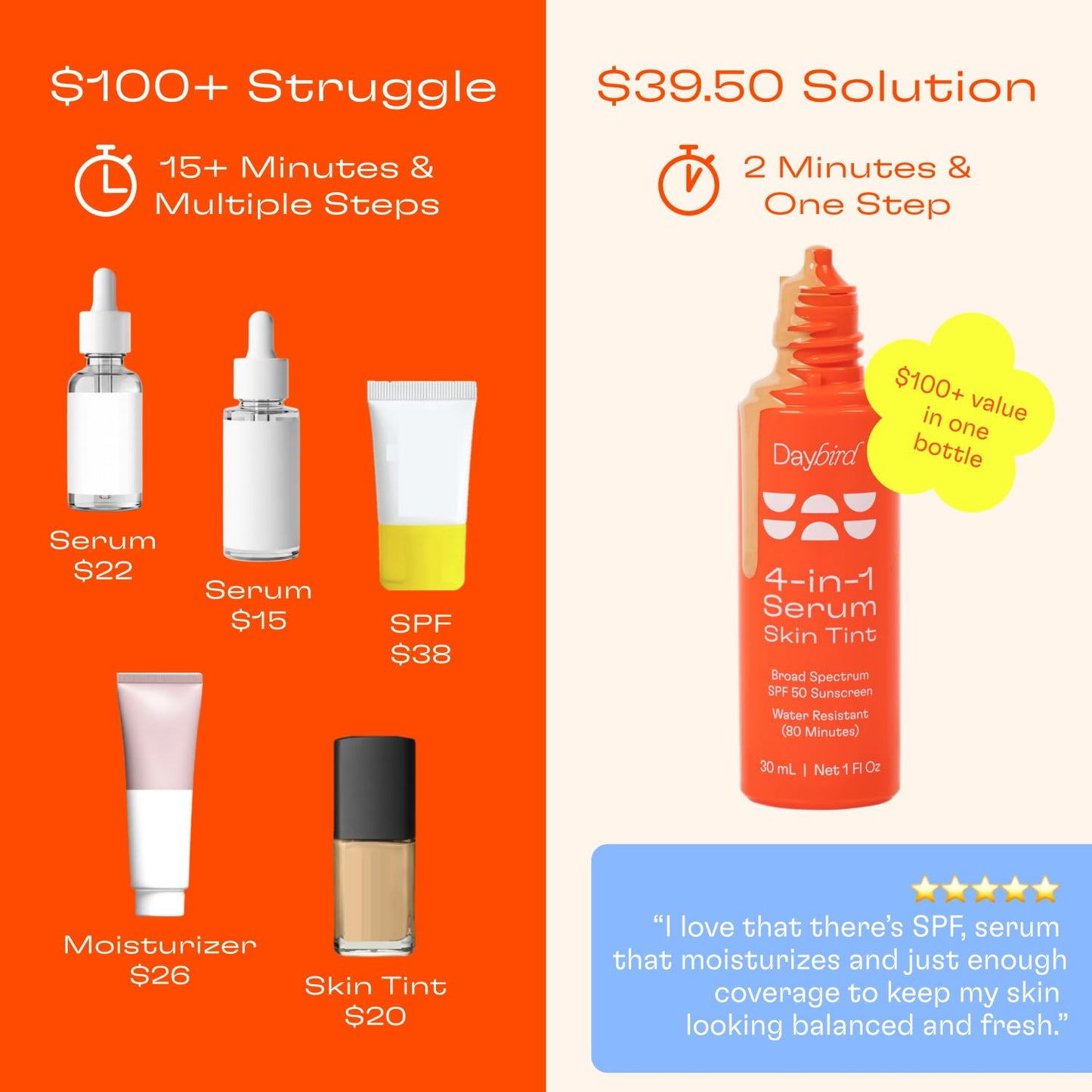 Daybird 4 in 1 Tinted Serum, Tinted Moisturizer and Sunscreen for Face, SPF 50+ Niacinamide, 1 Ounce (light)