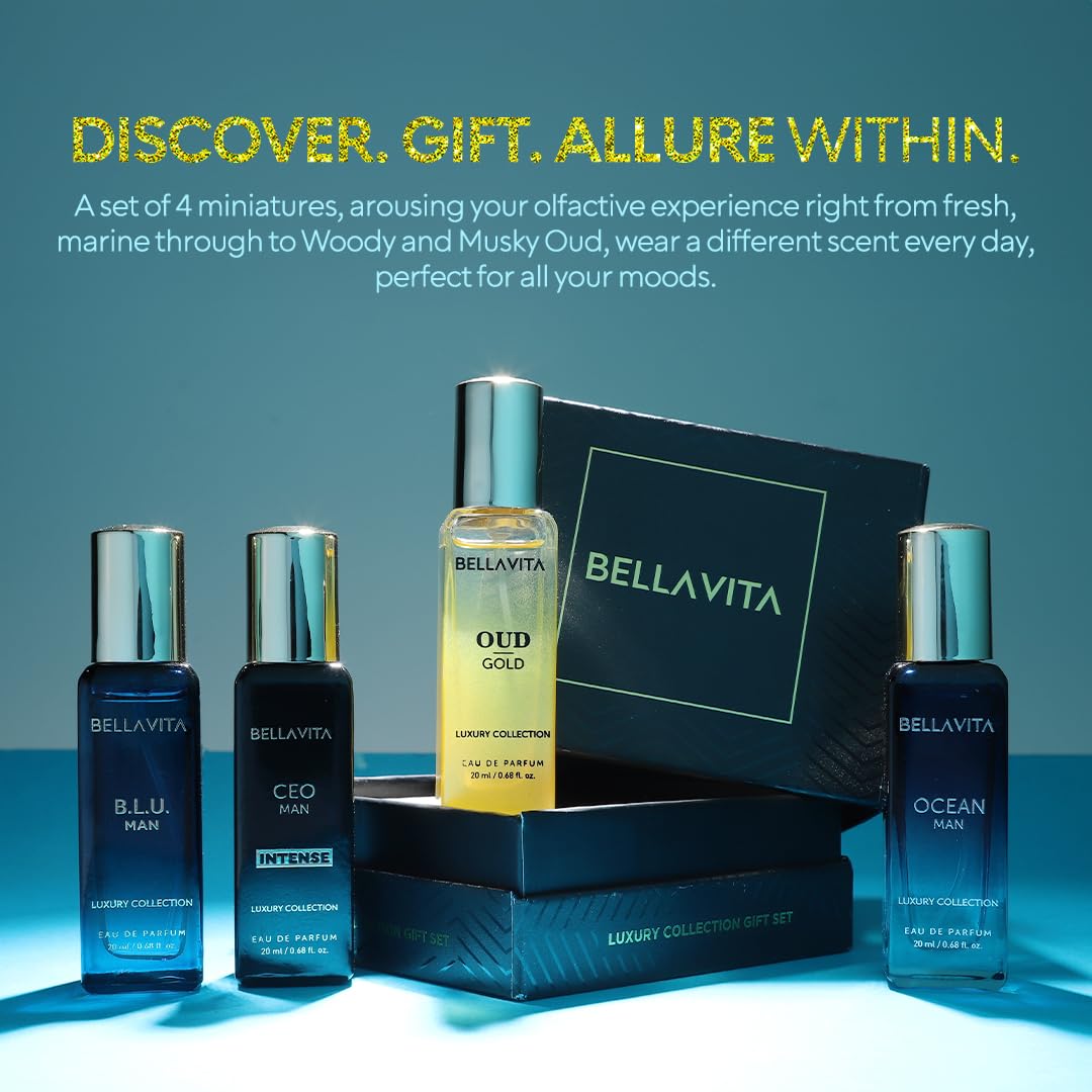 BellaVita Luxury Collection Eau De Parfum Gift Set (4x20ml) | Premium Unisex Perfume Set | Notes of Aqua, Musk, Amber and Bergamot | Includes OUD GOLD, OCEAN, B.L.U. & CEO Intense | Perfume Gift
