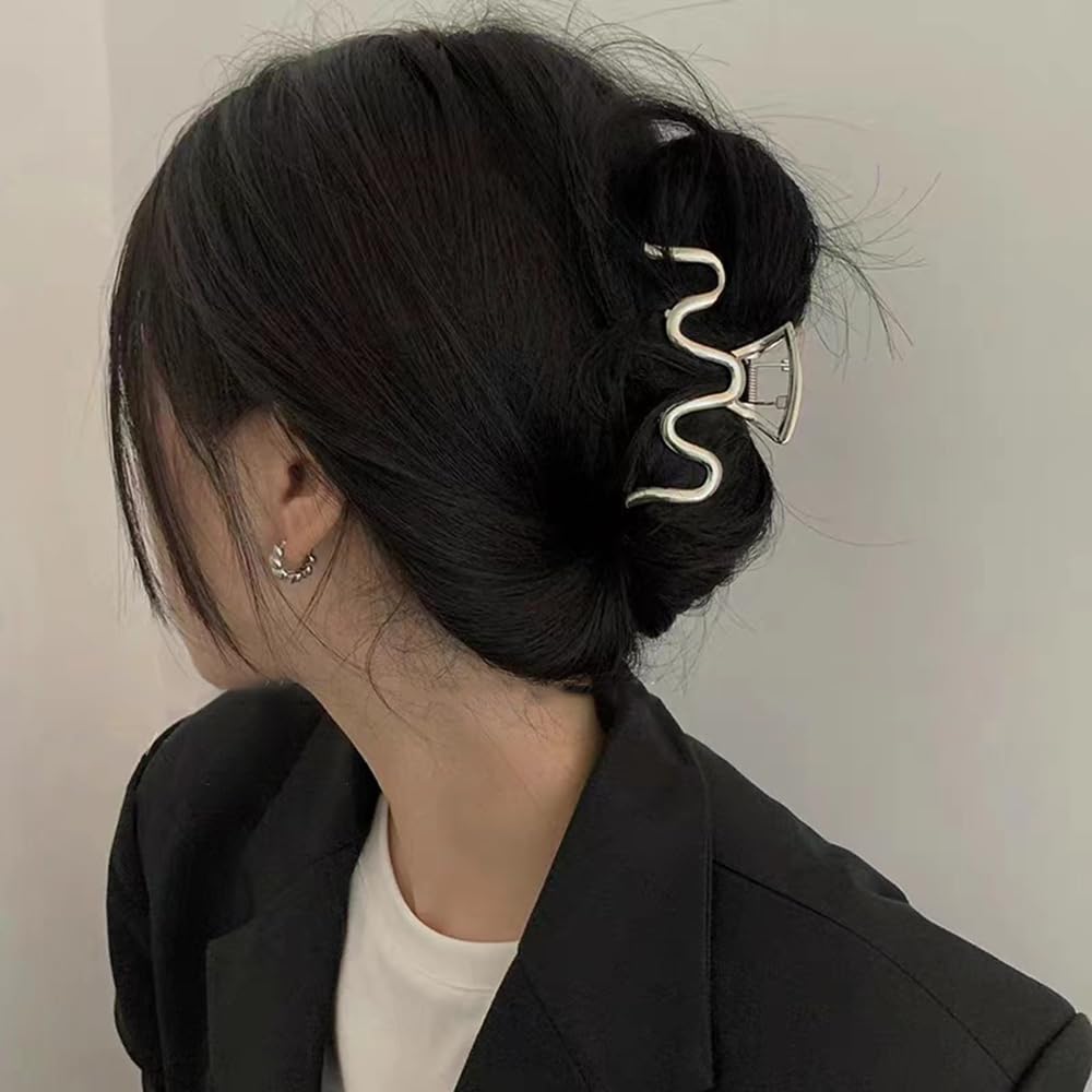 Metal Hair Claw Clips - Silver Small Wave Design Grip Clips for Thick Hair, Girls and Women, No Slip Summer Hair Accessories, 1 Pack