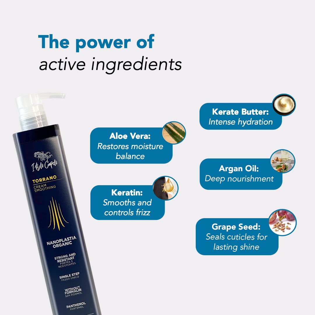 I Belli Capelli Torrano Cream Nano Keratin Hair Treatment, Straightening Hair 1 Step, Formaldehyde Free-Nanoplastia Para Alisar Cabello, Keratina Organica Sin Formol -Brazilian Nano Keratin (500ml)