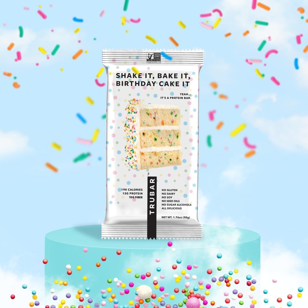 TRUBAR Vegan Protein Bar, Shake it Bake it Birthday Cake it, Gluten Free, Plant Based Protein, Dairy Free, Non GMO, Soy Free, No Sugar Alcohols, 12G Protein, 12G Fiber, 23G Carb, On the Go Snack Bars, 12 ct