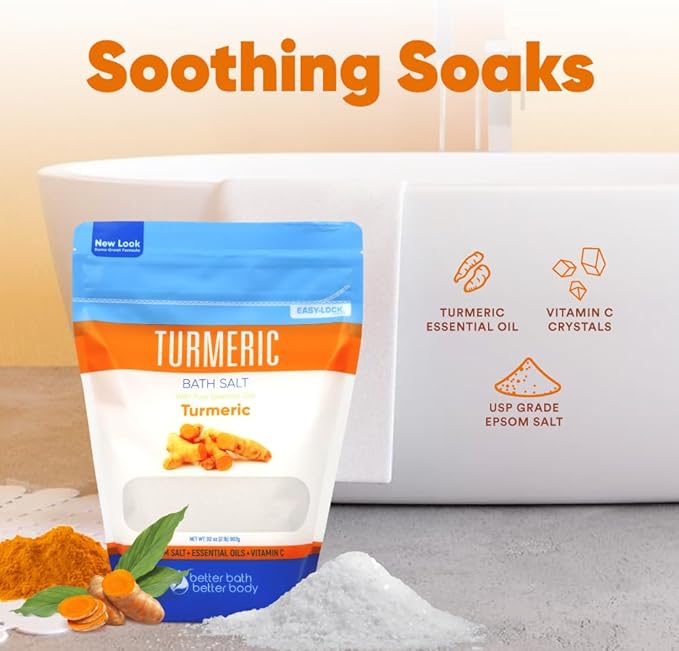 Turmeric Bath Salt 32 Oz Epsom Salt with Essential Oils Turmeric, Cinnamon, Orange Plus Vitamin C in BPA-Free Pouch with Easy Press-Lock Zipper | Natural Bath Soak to Relieve & Soothe | Made in USA