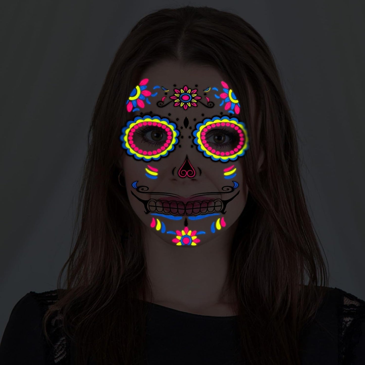 HOWAF Neon Day of The Dead Temporary Tattoos 8 Pairs Face Mask Tattoos, Glow UV Neon Dia De Los Muertos Sugar Skull Face Body Tattoos Sticker for Halloween Mexican Makeup Cosplay Party Supplies