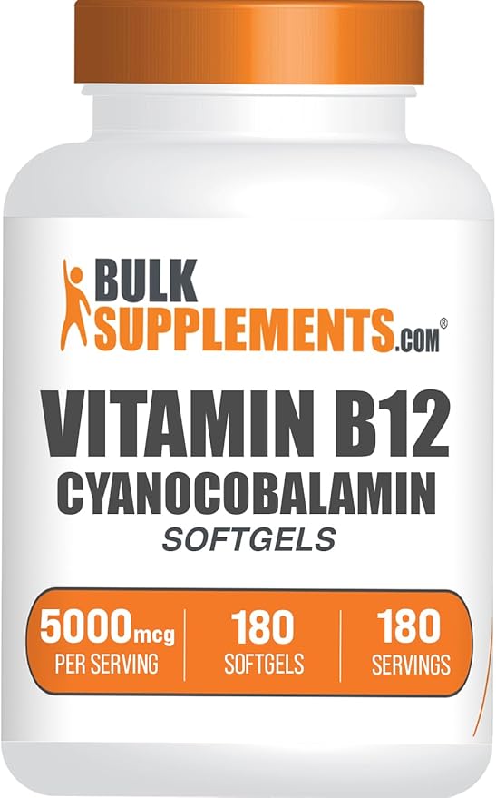 BulkSupplements.com Vitamin B12 5000 mcg Softgels - Cyanocobalamin, Vitamin B Supplements, B12 Vitamins Pills - Gluten Free, 1 Vitamin B12 Softgel per Serving, 180-Day Supply, 180 Softgels