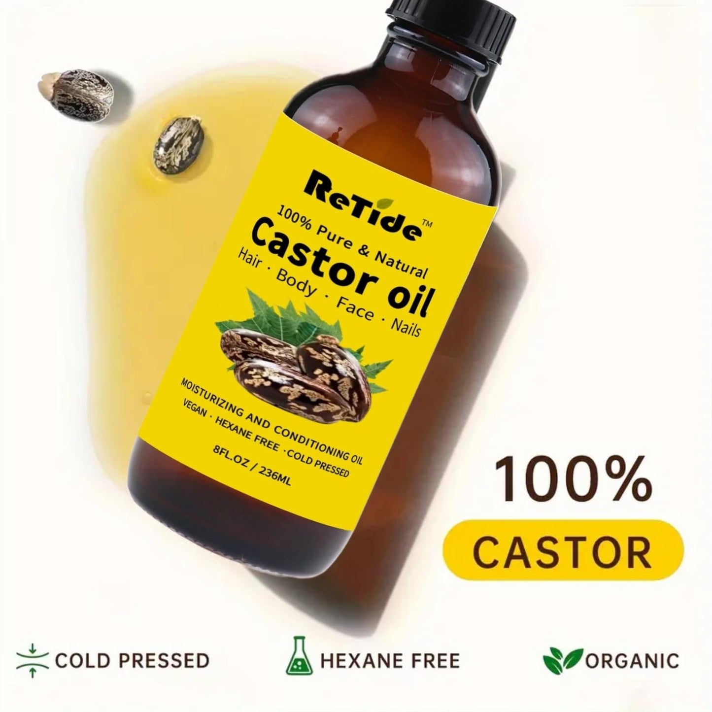 Pure Organic Cold Pressed Castor Oil, Natural Hair, Skin, Nails Treatment, Hexane Free, Amber Glass Bottle, 8 Fl Oz