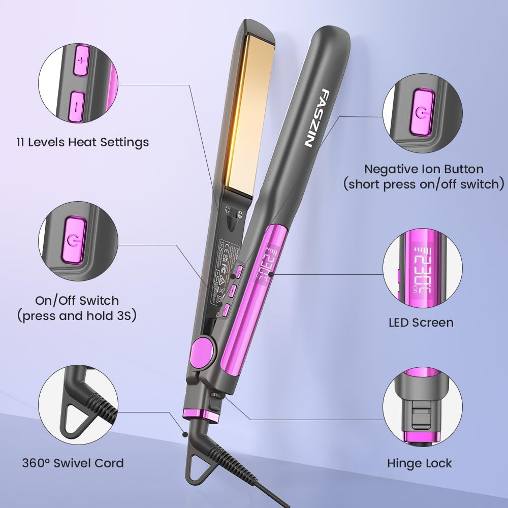 Faszin Professional Hair Straightener, 1.18 inch Ionic Titanium Plate, 20S Fast Heat Up Flat Iron with Clear LED Display, 2 in 1 Straightener and Curler Styling Tool for Straighten Hair (Gray)