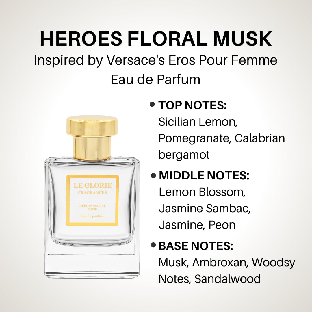 Inspired by V*rsace's Eros Pour Femme Eau de Parfum, Heroes Floral Musk EDP, Long Lasting 12-14 Hours Perfume Spray for Women, All Skin Types, Cruelty Free - 0.33 oz 10 ml