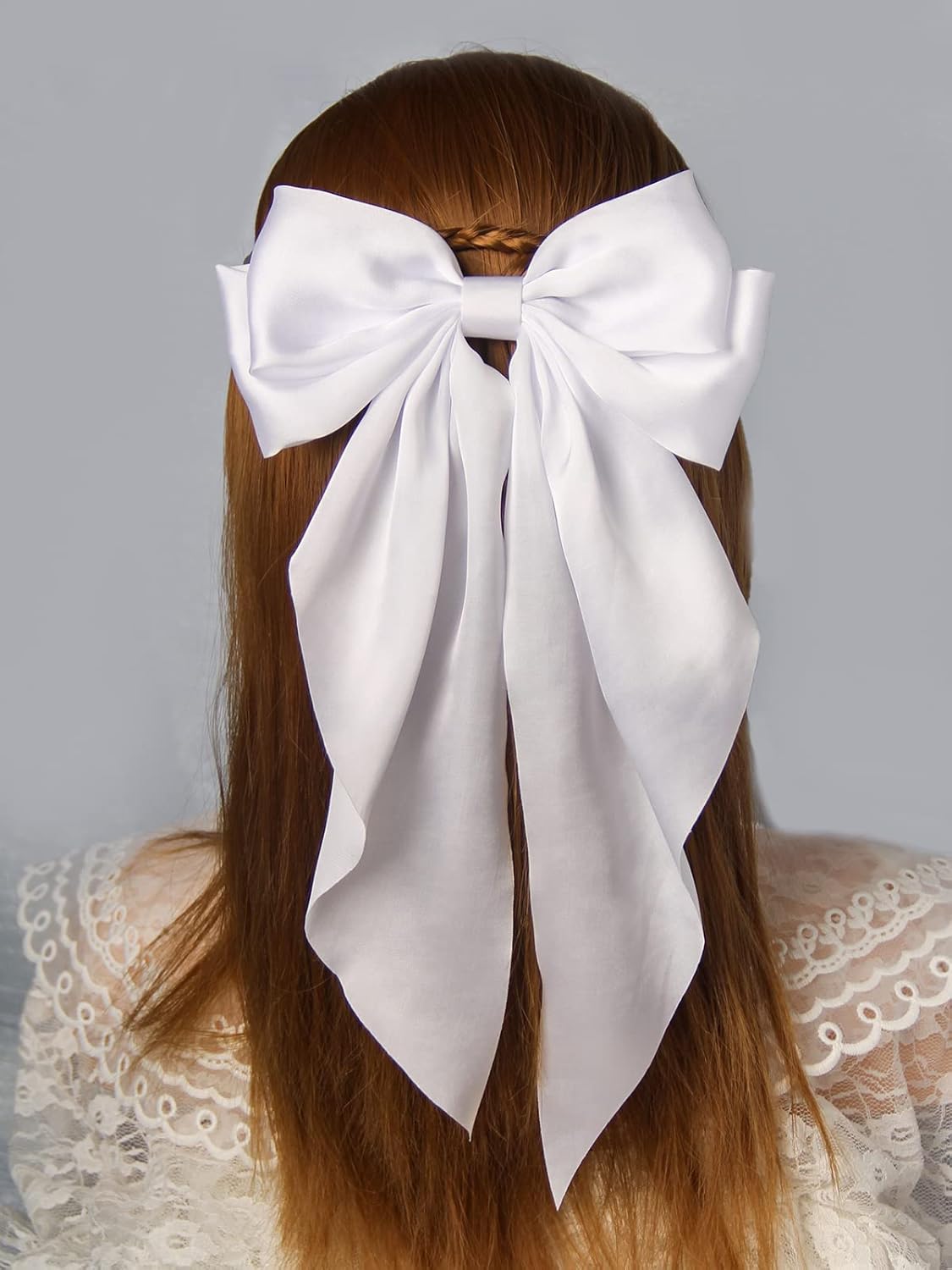 Furling Pompoms 4pcs Hair Bows for Women, Satin Hair Bows Long-Tail Alligator Clips Big Hair Accessories Pink Hot Pink White Blue Hairbow