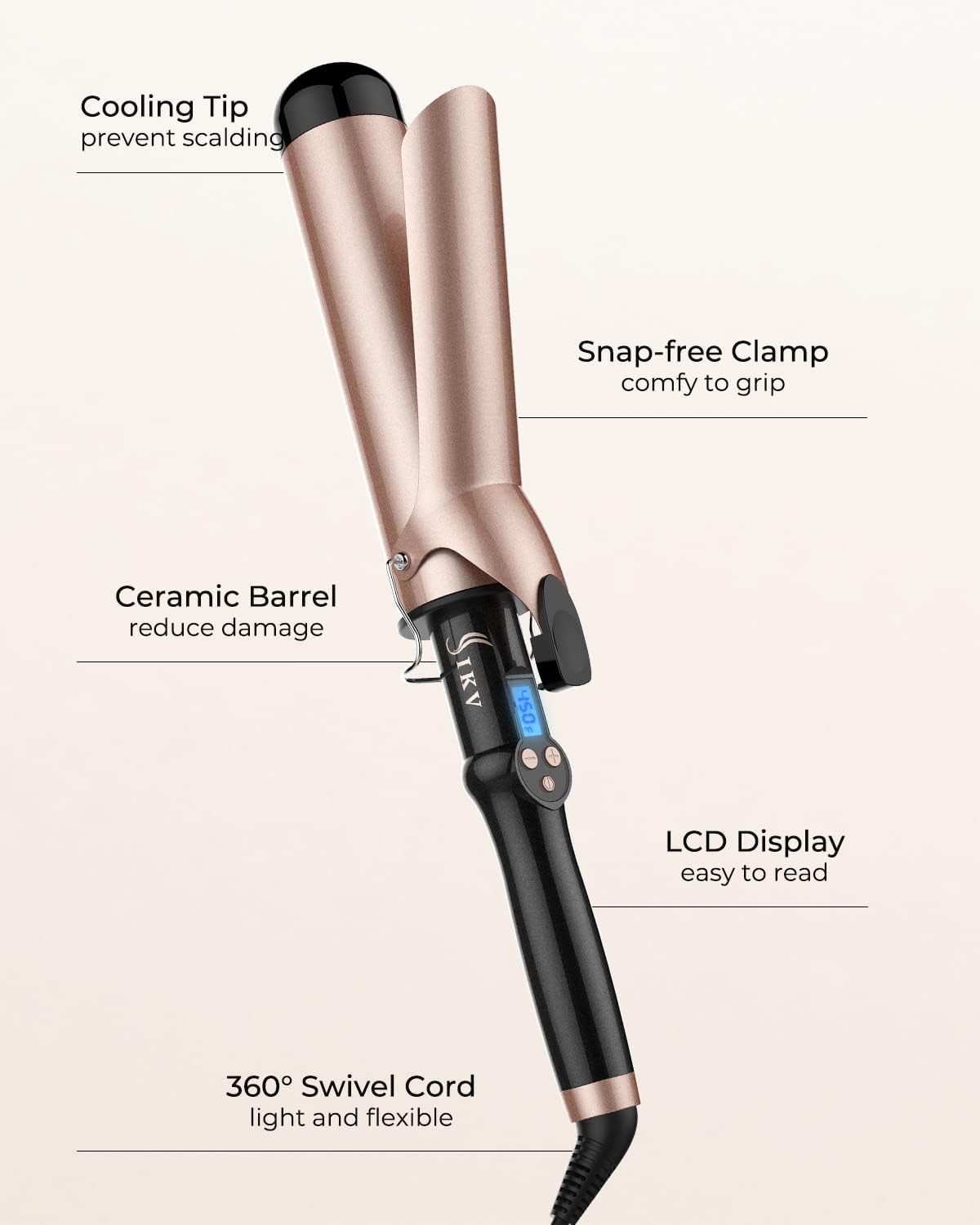 2 Inch Curling Iron Extra Long Barrel for Long Hair, Large Barrel Curling Wand Ceramic Tourmaline with LCD Display,10 Temps, Dual Voltage