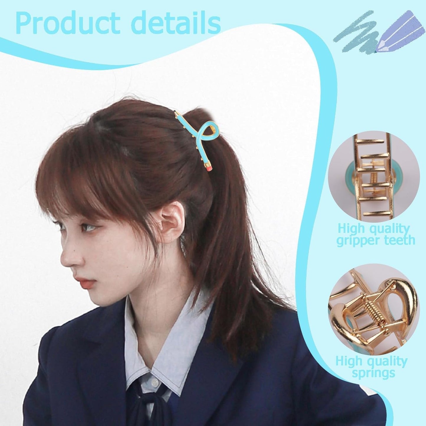 3Pcs Pencil Hair Clips for Women Teacher Hair Clips for Thick & Thin Hairs Pencil Claw Clip Teacher Barrettes Accessories for Styling Back to School Gifts for Girlfriend Sister