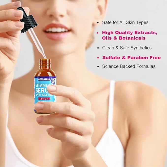Ceessting Vitamin C Serum for Face - Anti-Aging Facial Serum with Hyaluronic Acid and Vitamin E - Improves Skin Texture, Glow and Elasticity - Reduces Wrinkles, Fine Lines and Dark Spots - 1 oz