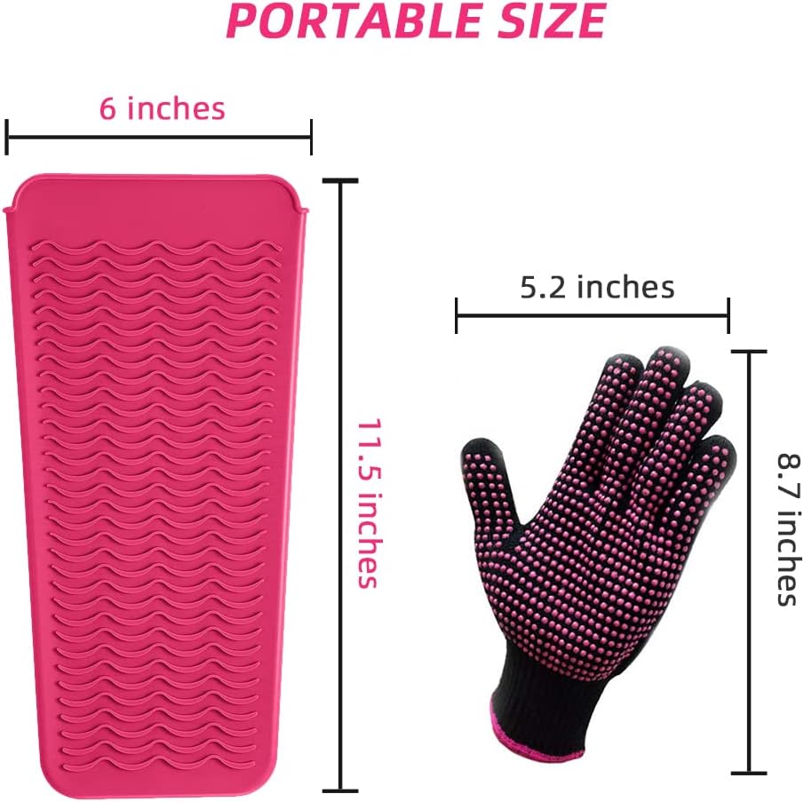 Heat Resistant Silicone Mat Pouch and Glove for Curling Irons, Hair Straightener, Flat Irons and Hair Styling Tools 11.5" x 6", Food Grade Silicone, Pink