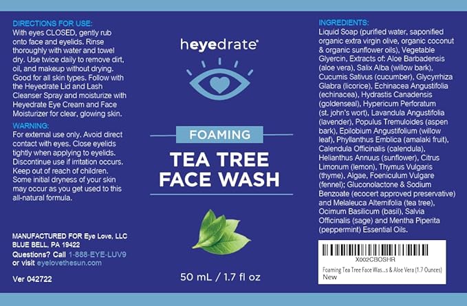 Foaming Tea Tree Face Wash and Eyelid Cleanser for Women - Made With Organic Ingredients & Aloe Vera (3 Pack (1.7 Ounces))