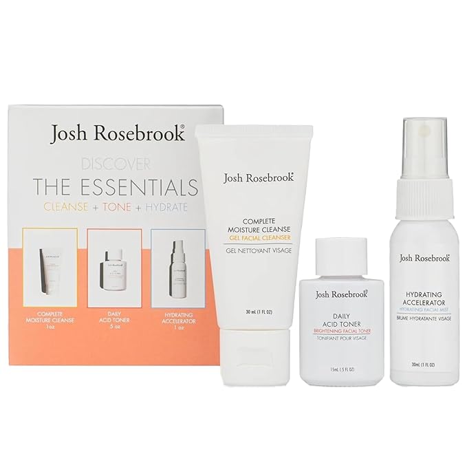 Josh Rosebrook The Essentials Kit - Cleanse, Tone & Hydrate Skincare Set | Complete Moisture Cleanse 1 oz, Daily Acid Toner 0.5 oz, Hydrating Accelerator 1 oz | Travel Size Facial Skin Care