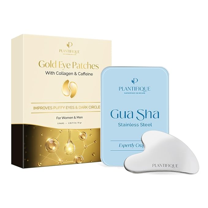 PLANTIFIQUE Gold Under Eye Patches for Puffy Eyes and Dark Circles 5 Pairs and Stainless Steel Gua Sha Facial Tool, Skin Massage Tool for Face, Body, Eyes, Neck, Heart Style with Travel Pouch
