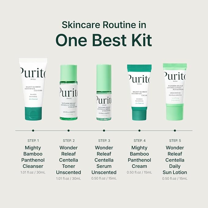 PURITO SEOUL Best Kit - Skincare Routine with Panthenol Cleanser & Cream, Unscented Centella Serum & Toner, For All Skin Types, Gift Set, For Face, Facial Serum, K-Beauty, 3.52 fl. oz.
