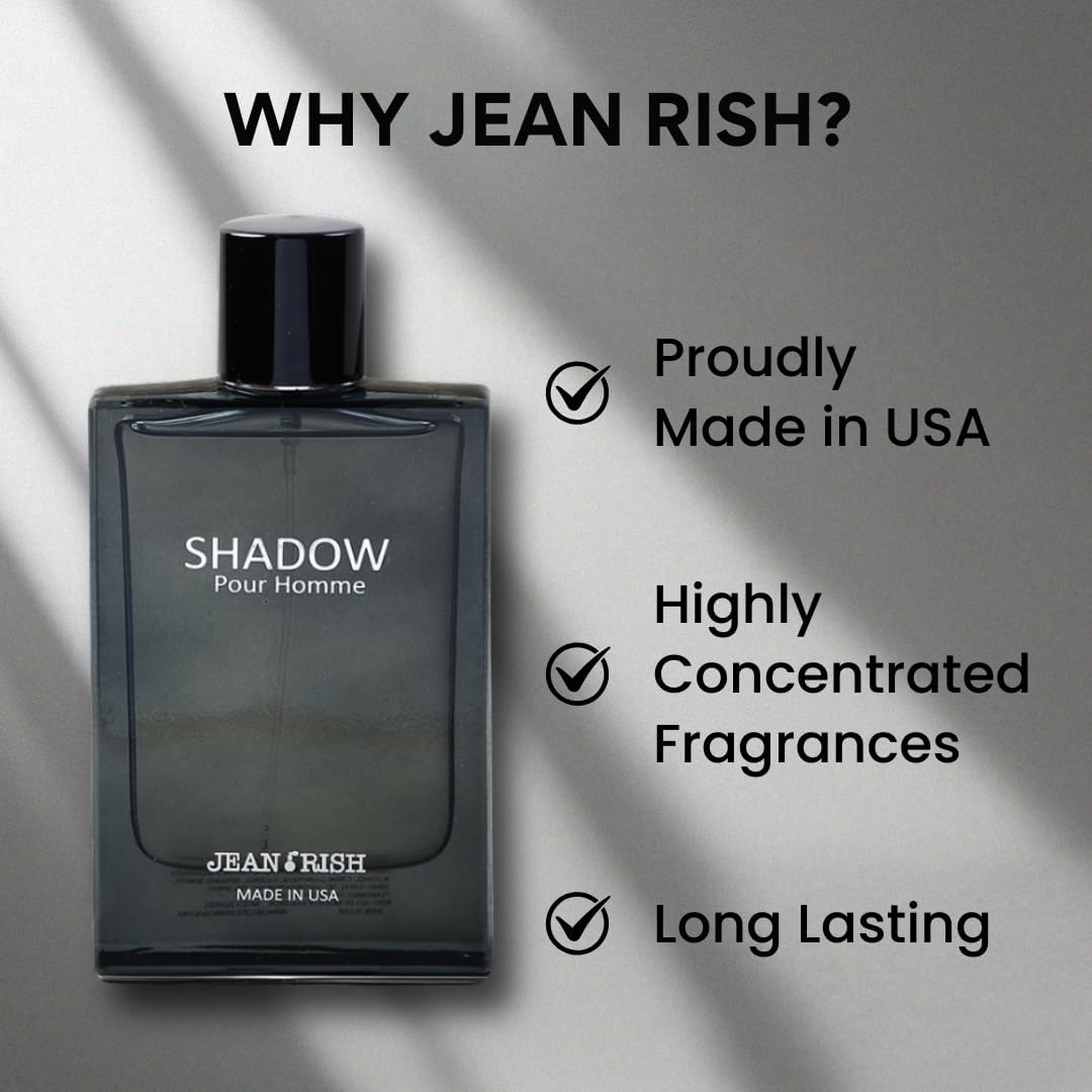 Jean Rish Shadow Pour Homme Eau De Toilette for Men (3.4 Fl Oz / 100ml) with Lemon, Cedar & Musk Notes - Long Lasting and Luxury Fragrance