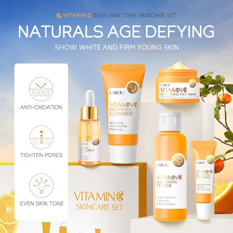 Vitamin C Skincare Set, 5-In-1 Skincare Gift Set With Cleanser, Toner, Face Serum, Face Cream, And Eye Cream, Skin Care Products For Teen Girls, Long-Lasting Moisturizing Skincare Set For Women Men