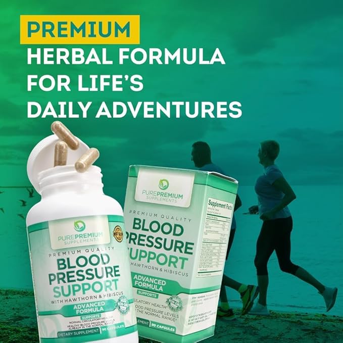 PurePremium Supplements Blood Pressure Supplements with Hawthorn Berry, Hibiscus - Nitric Oxide for Normal Blood Pressure Support w/Vitamin B12 - Garlic Supplements for Normal Nitric Oxide - 90 Caps