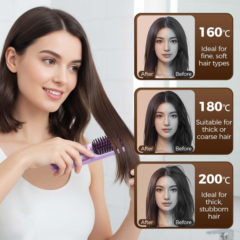 Cordless Hair Straightener Brush, 2026 Updated Mini Portable Hair Straightener for Travel, Fast Heating Straightening Brush, USB Ceramic Electric Hair Comb for Women Straightening and CurlingBlack