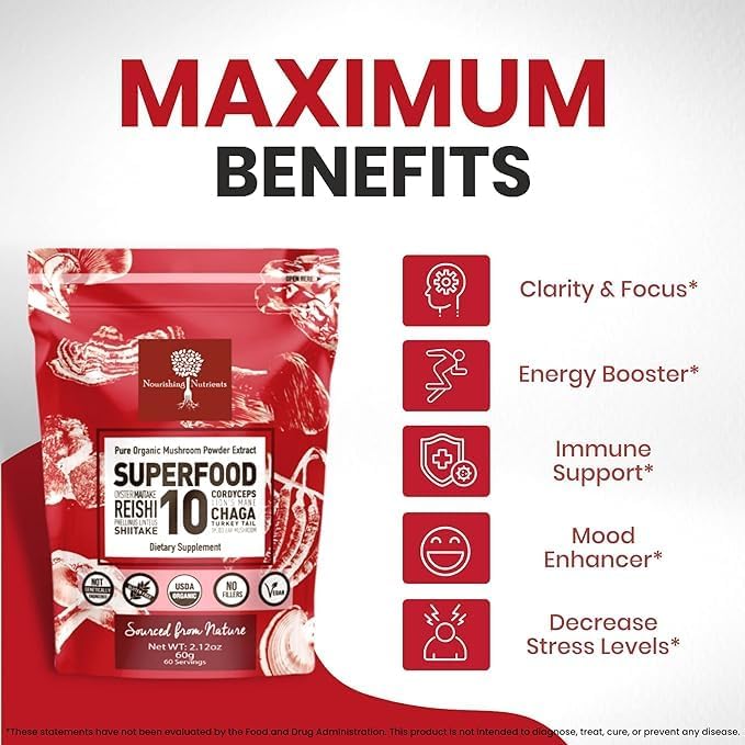 Organic Mushroom Powder Extract -Superfood 10 14x Stronger 100% Pure 60 Grams