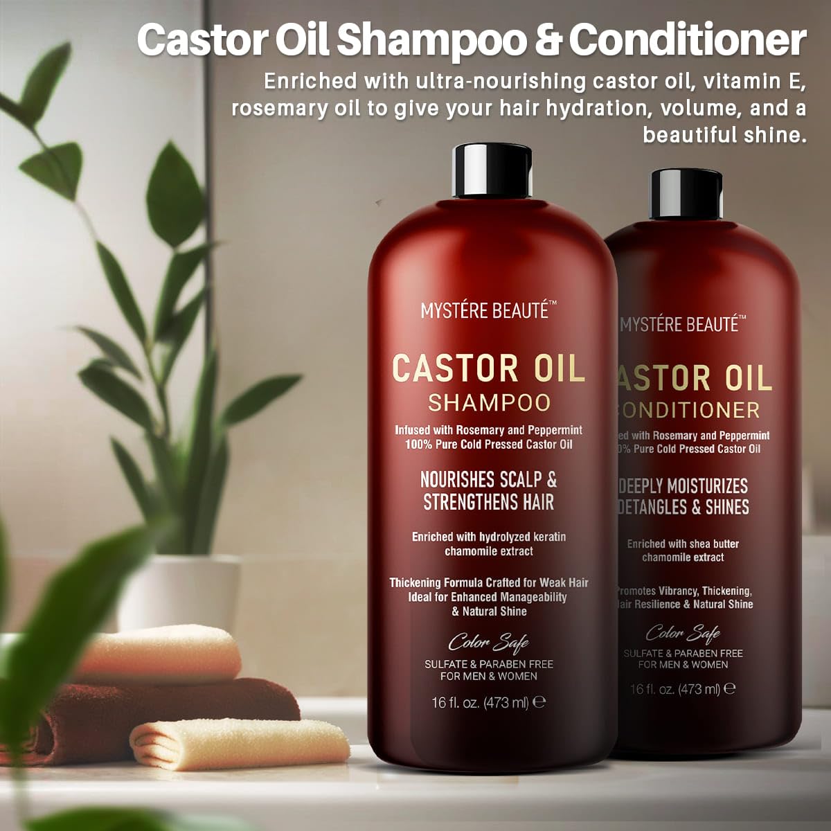 Castor Oil Shampoo and Conditioner - Sulfate Free with Peppermint Oil, Lavender and Rosemary - Castor Oil Shampoo for Hair Growth - Hydrating and Nourishing - 16 oz each