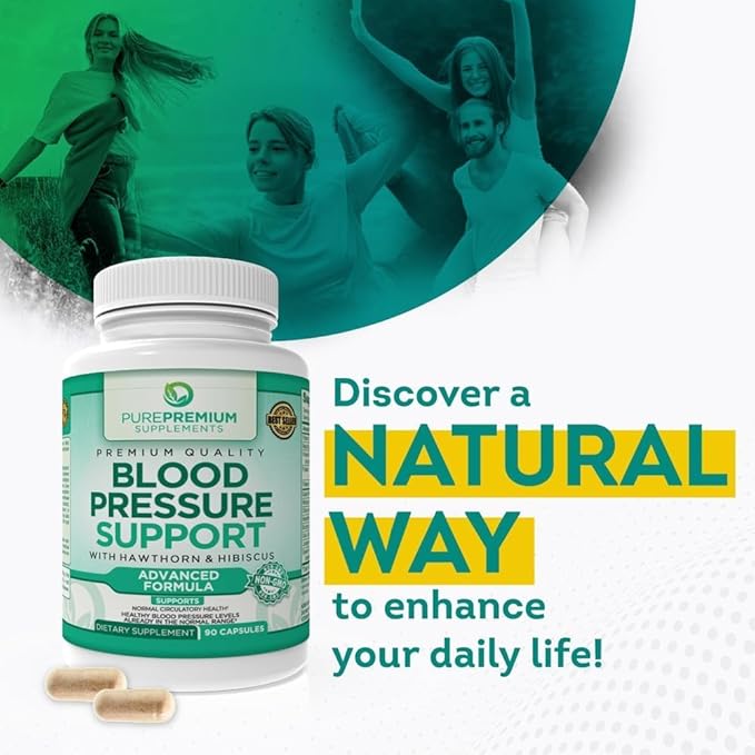 PurePremium Supplements Blood Pressure Supplements with Hawthorn Berry, Hibiscus - Nitric Oxide for Normal Blood Pressure Support w/Vitamin B12 - Garlic Supplements for Normal Nitric Oxide - 90 Caps