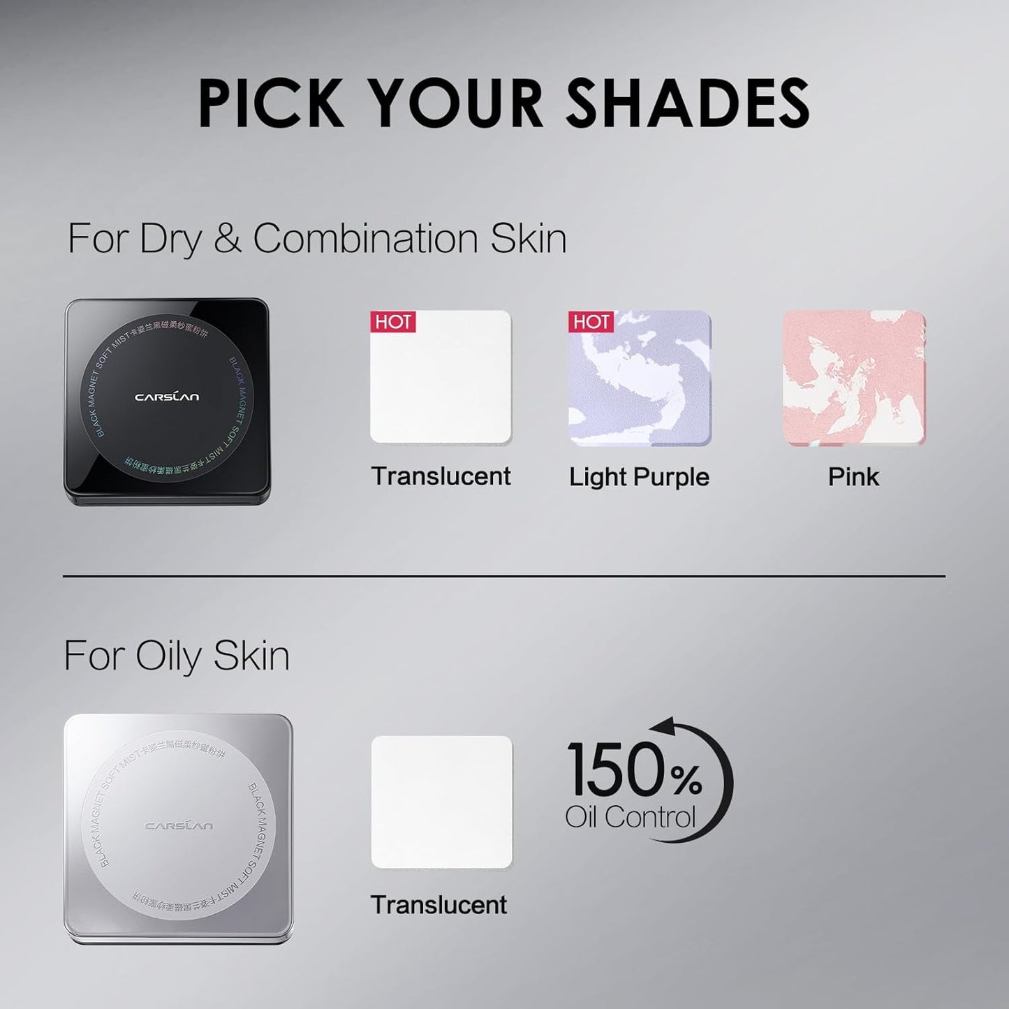 CARSLAN Waterproof Face Pressed Powder Compact, 24H Longlasting Oil Control Pressed Setting Powder Talc-Free Makeup, Shine Free, Poreless, Smooth, 02 for oily skin (0.28Oz)