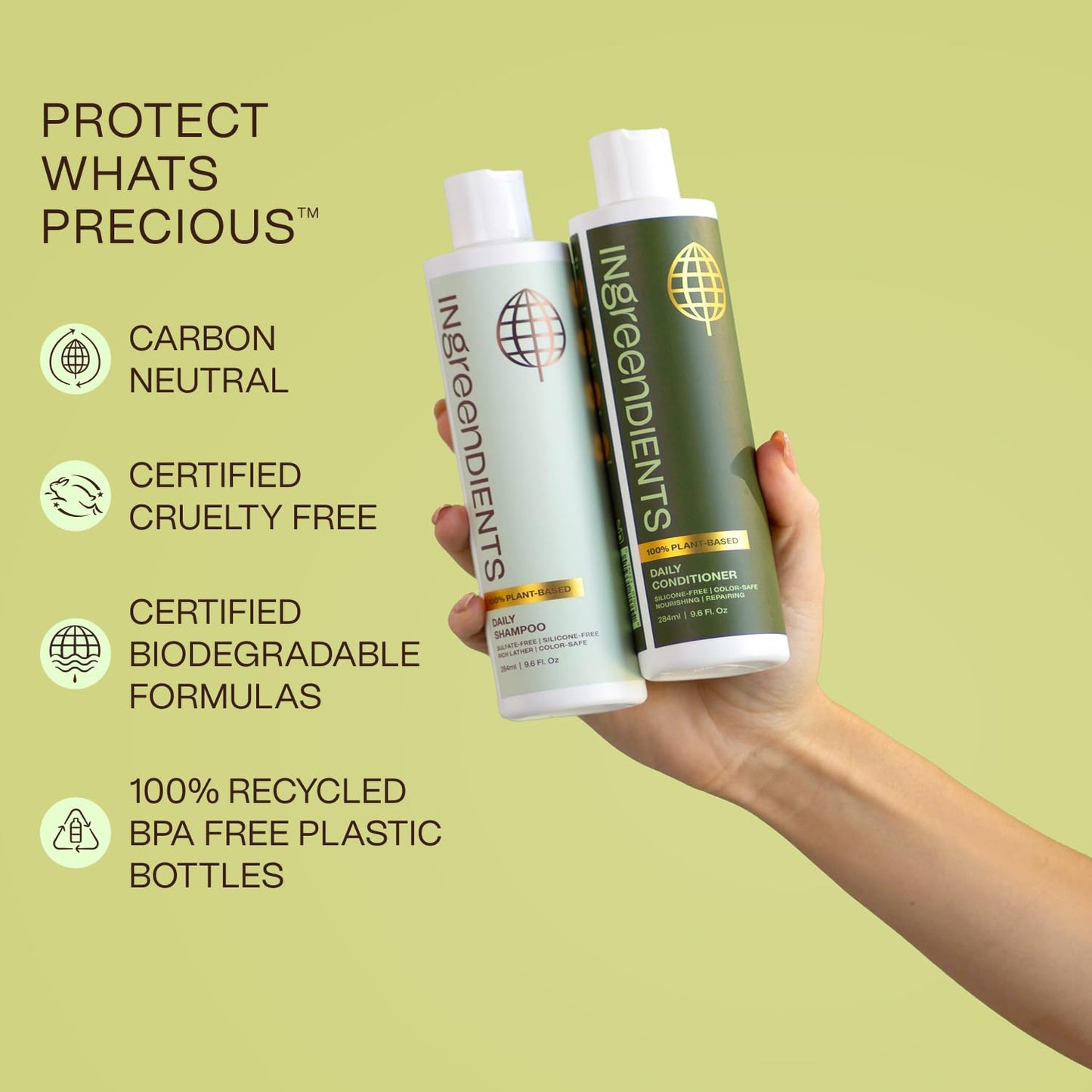 Ingreendients Non Toxic Vegan Shampoo and Conditioner with Organic Ingredients, Apple Cider Vinegar, Tea Tree Oil - Color Safe, Paraben & Gluten Free, Silicone & Sulfate Free, pH Balanced