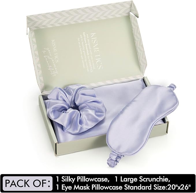 Vegan Silk Sleep Set, Silky Pillowcase with Large Scrunchie and Eye Mask for Hair and Skin, Self Care Essential Satin Night Routine Kit (Purple Color)