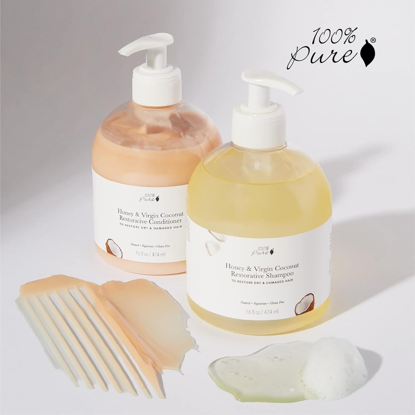 100% PURE Honey & Virgin Coconut Restorative Shampoo & Cleansing Detox Helps Restore Damaged Hair, Replenish Moisture & Body Healthy Hair Growth for Women & Men - Sulfate Free - 16 Fl Oz