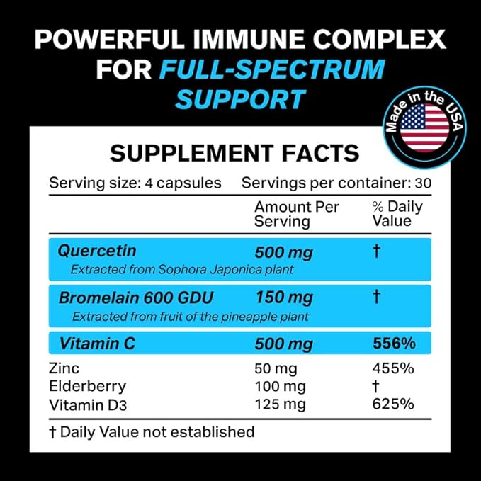 Quercetin 500mg Supplement with Sambucus Elderberry, 50mg, & D3 5000 5000 IU 6 in 1 Black