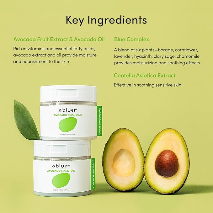 Avocado Mask Pad (80pads)- 6.87oz Facial Mask Pads – Avocado & Centella – Deep Hydration & Soothing – Moist & refreshing – Hypoallergenic & Gentle Care for Sensitive skin – Korean Skin Care