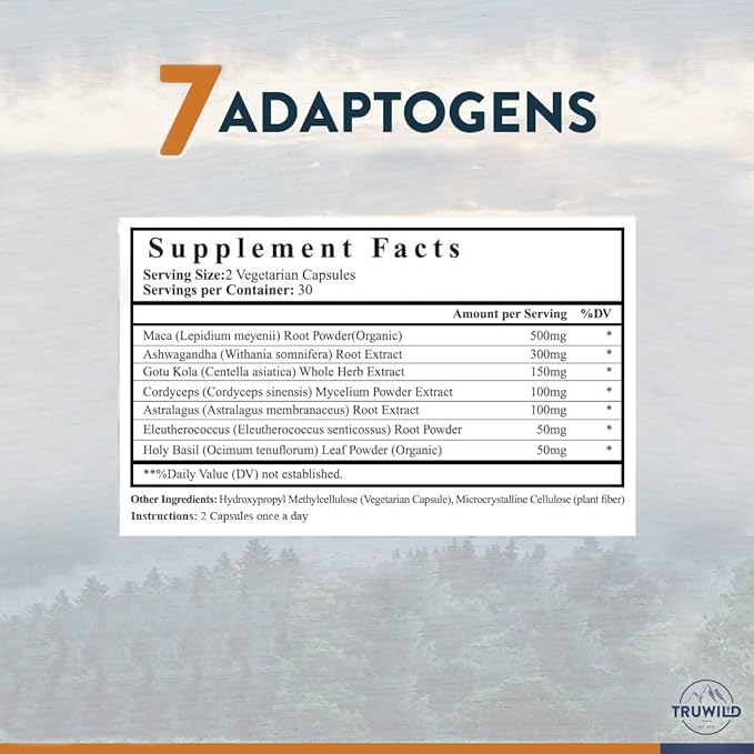 TruWild Adaptogens Vegan Capsule Supplement w/Ashwagandha 40 Servings