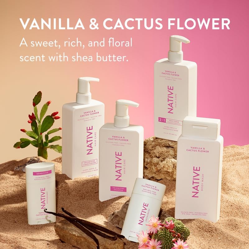 Native Vanilla & Cactus Flower 2-in-1 Shampoo & Conditioner Contain Naturally Derived Ingredients |All Hair Type Color & Treated, Fine to Dry Damaged, Sulfate & Dye Free - 2-Pack