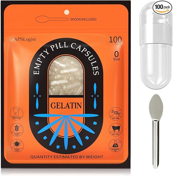 Pill Capsules Empty Size 0, 100 Count Gelatin Empty Capsules with Micro Lab Spoon, Empty Gel Pill Capsules, DIY Pill Capsule Filling, Gluten Free and Non-GMO Certified, Clear