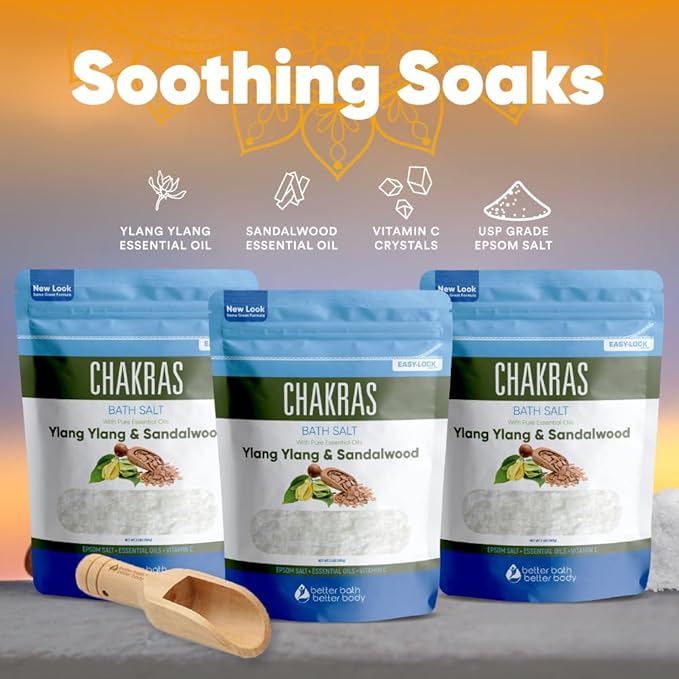 Chakras Bath Salt (3 Pack with Scoop) USP Epsom Salt with Natural Ylang Ylang and Sandalwood Essential Oils Plus Vitamin C in BPA Free Pouch with Easy Press Lock Seal Made in USA Bundle 6 Lbs Total